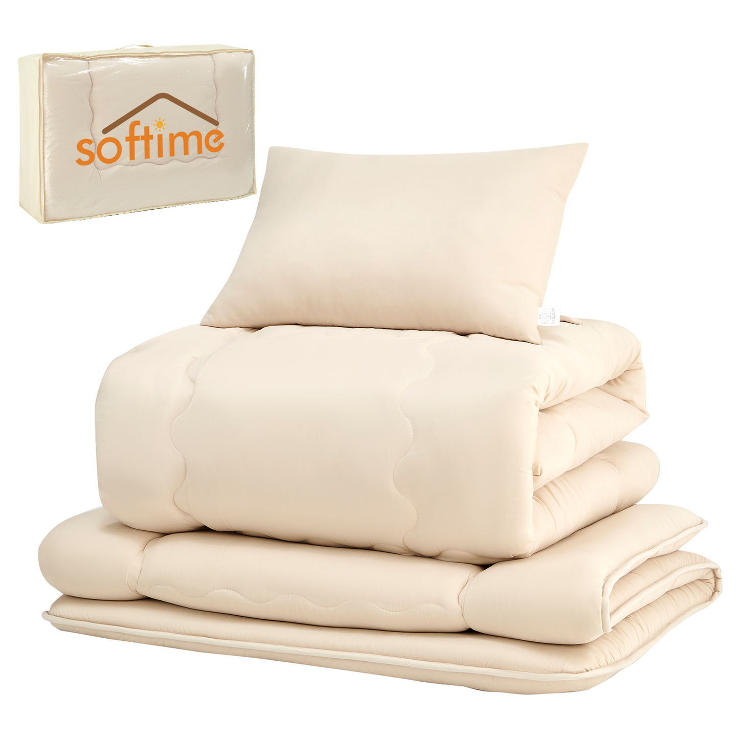 Softime 布団セット ダブル 5点セット 中綿2.0kg掛け布団・高密度固綿入り 三層敷き布団・ふわふわ枕2枚・便利な収納ケース 来客用布団セット 抗菌 防臭 寝具セット ピーチスキン加工 オールシーズン グレー