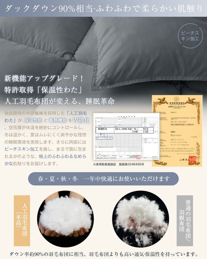 Softime 掛け布団 人工羽毛布団 シングル ダックダウン90%相当 【宇宙服素材エアロゲル採用 羽毛布団より軽量・通気・保温】 オールシーズン 肌掛け布団 帝人FWALINE 軽くて暖かい 体にフィット暖かさ持続 掛けふとん 軽量 洗える ふんわり ホコリ出にくい 抗菌防臭 防ダニ ピーチスキン加工 充填量0.9kg（150x210cm グレー）
