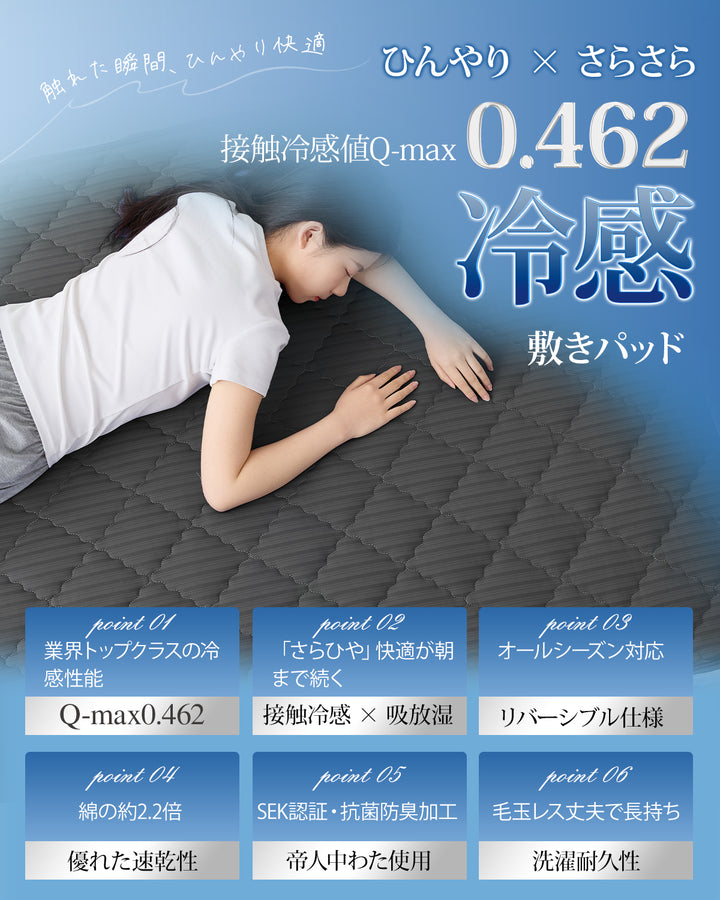 Softime 敷きパッド シングル 冷感 夏用【Q-max0.462超冷感生地&綿100％タオル生地】ひんやり敷きパッド 接触冷感 ベッドパッド 強冷感 通気性 吸湿速乾 洗える リバーシブル 抗菌防臭防ダニ オールシーズンで使える 冷感シーツ しきぱっと 冷たい クールパッド（100×200cm ブラック）