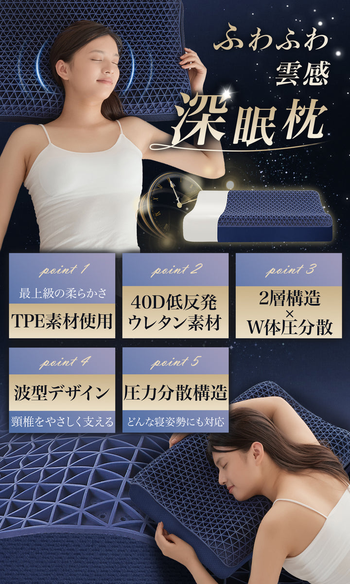 Softime 枕 まくら 首が痛くならない枕 ジェル枕【超柔らかい TPE+40D 低反発ウレタン + 高さ 2 段階】枕 肩こり いびき防止枕 颈椎枕 整体枕 横寝枕 快眠枕 肩こり枕 ジェルピロー 無重力枕 ゲル枕 tpe 枕 ハニカム枕 pillow 無重力ピロー 人間工学 低反発枕 圧力分散 ウェーブ形 強通気性 枕カバー付 約 60408/10cm 深眠（スタンダードモデル・W サポート）