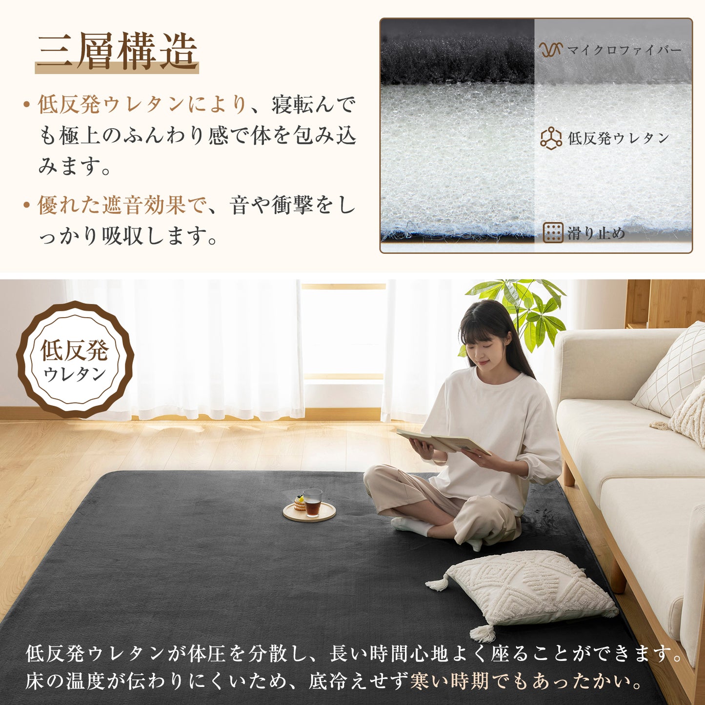 Softime カーペット ラグ 低反発 ラグマット 厚手 15mm 絨毯 防音 200×250cm 約3畳 滑り止め付 防ダニ 抗菌 防臭 地毯 オールシーズン快適 床暖房 ホットカーペット対応 じゅうたん リビングマット 無地・ベージュ