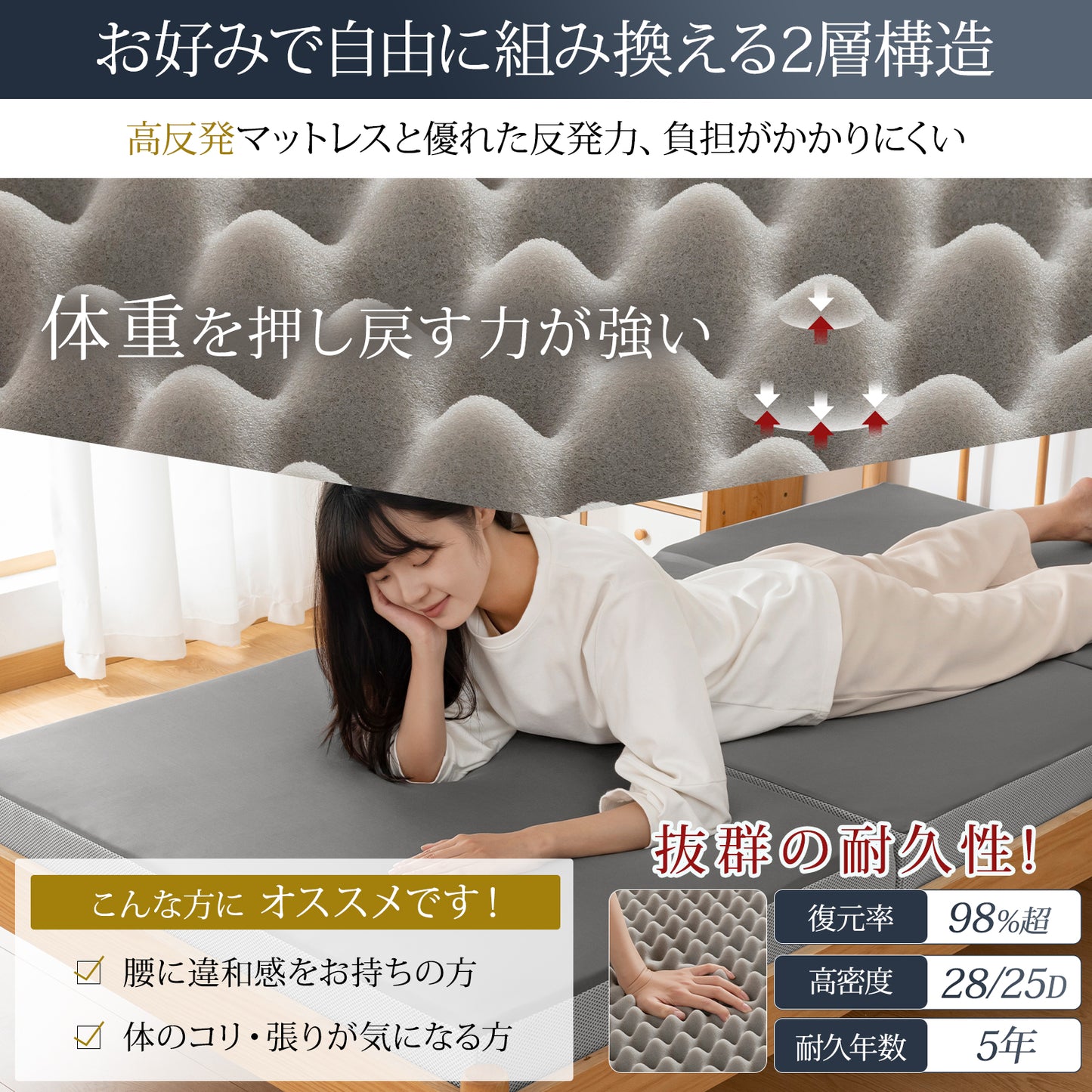 Softime マットレス シングル 三つ折り 高反発 低反発 2層構造 極厚10cm 高密度32Ｄ/28Ｄ 折りたたみマットレス 5年保証 抗菌防臭 防ダニ 体圧分散 洗えるカバー 圧縮梱包 97x195cm ダークブラック F3