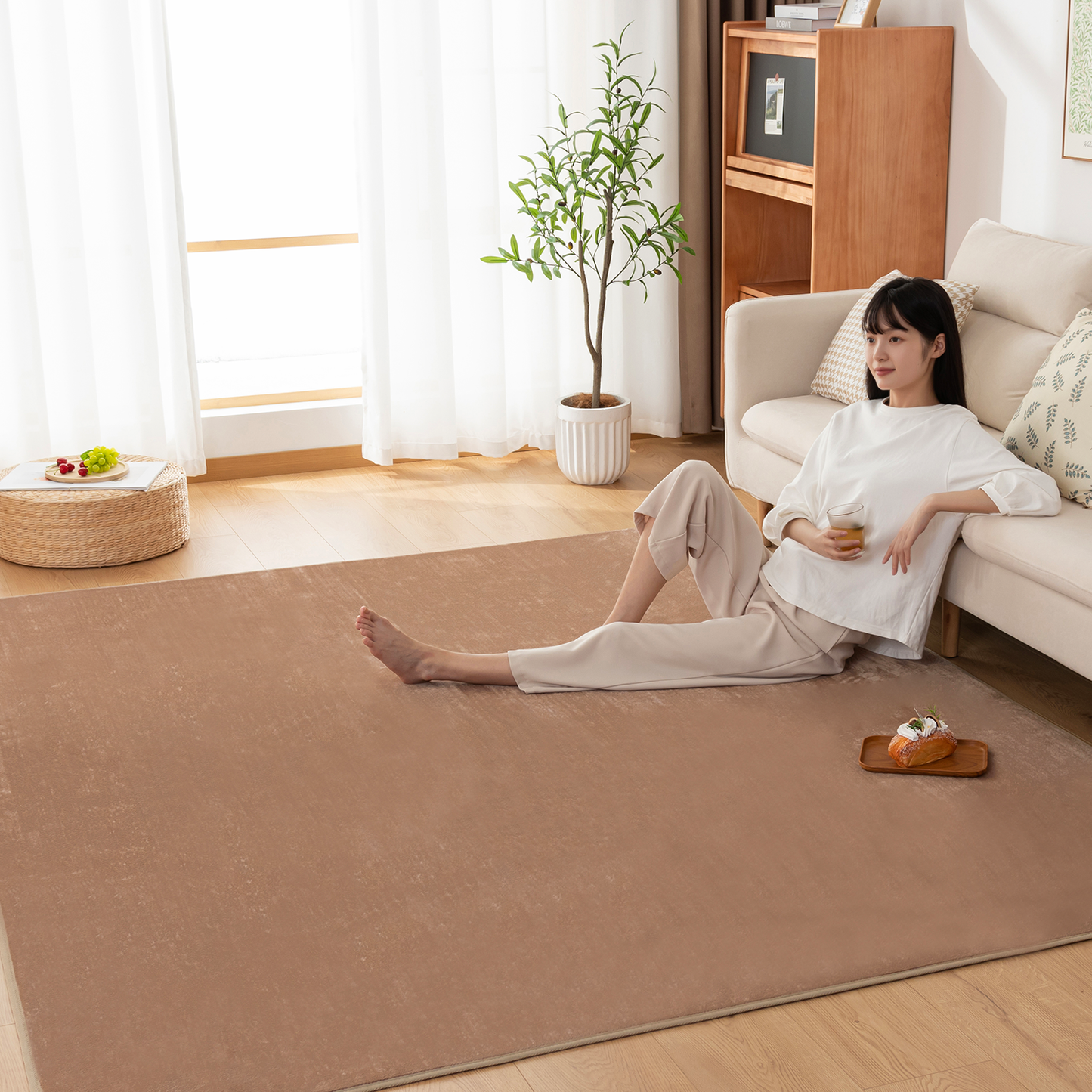 Softime カーペット ラグ ラグマット 185×185cm（約2畳）絨毯 滑り止め付 ラグカーペット 軽量設計 洗える 地毯 抗菌 防臭 防ダニ フランネルラグ オールシーズン 床暖房 ホットカーペット対応 無地・アイボリー