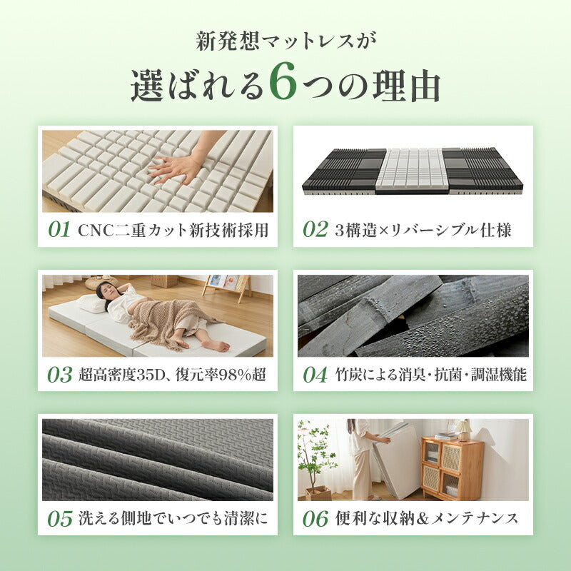 マットレス シングル 2層カッティング構造 高反発マットレス 三つ折り 10cm 高密度ウレタン 腰部サポート 折りたたみマットレス 高耐久 寝返りサポート 通気性 体圧分散 横向き寝に最適 抗菌防臭 防ダニ 洗えるカバー 敷布団 超高密度