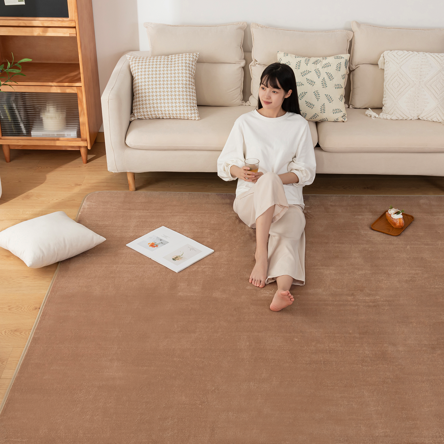 Softime カーペット ラグ ラグマット 185×185cm（約2畳）絨毯 滑り止め付 ラグカーペット 軽量設計 洗える 地毯 抗菌 防臭 防ダニ フランネルラグ オールシーズン 床暖房 ホットカーペット対応 無地・アイボリー