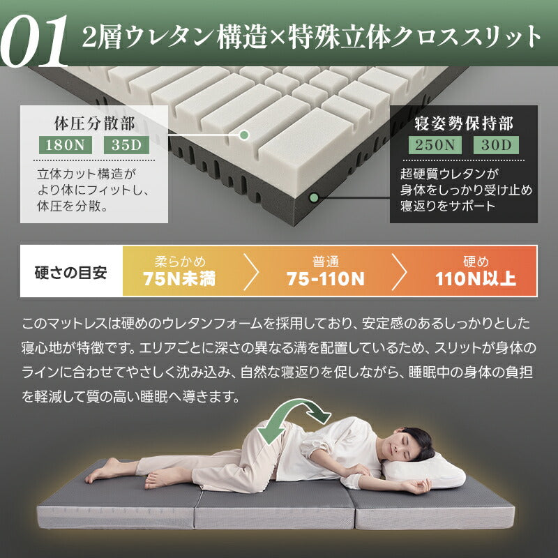 マットレス シングル 2層カッティング構造 高反発マットレス 三つ折り 10cm 高密度ウレタン 腰部サポート 折りたたみマットレス 高耐久 寝返りサポート 通気性 体圧分散 横向き寝に最適 抗菌防臭 防ダニ 洗えるカバー 敷布団 超高密度