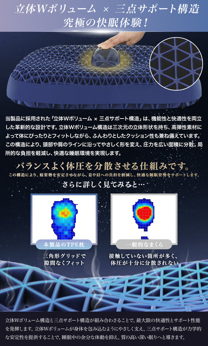 Softime 枕 まくら 首が痛くならない枕 ジェル枕【TPE + 三角 6D 立体構造】枕 肩こり いびき防止枕 颈椎枕 整体枕 横寝枕 快眠枕 ジェルピロー 無重力枕 ゲル枕 tpe 枕 ハニカム枕 pillow 無重力ピロー 寝返り対応 人間工学 高め低め 低反発枕 圧力分散 3D ウェーブ形 蒸れない 健康枕 枕カバー付 約 583010cm 静眠（エンドモデル・ボリューム）