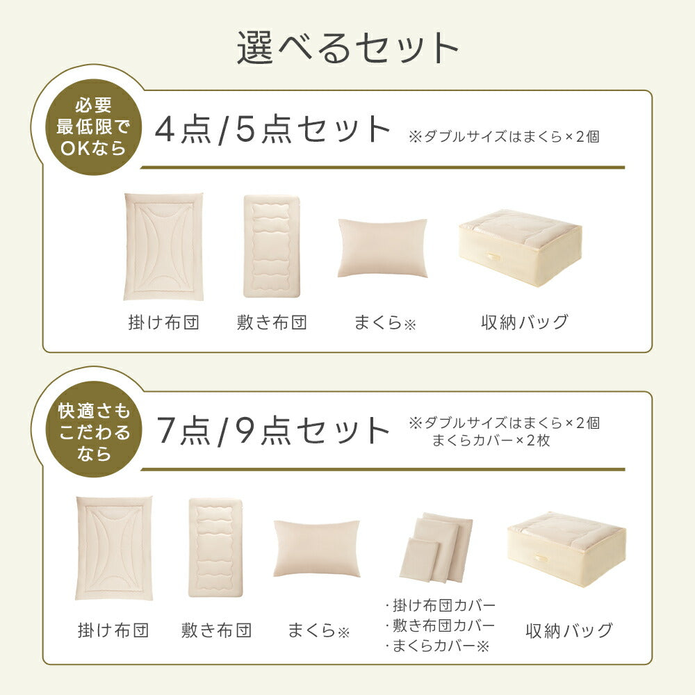 布団セット シングル セミダブル ダブル カバー付きセット 高密度固綿入り 中綿増量 洗える 7点セット 4点セット 防カビ 抗菌防臭 防ダニ 枕 掛け布団 敷布団 収納ケース 寝具セット 敷布団セット 来客用布団 コンパクト